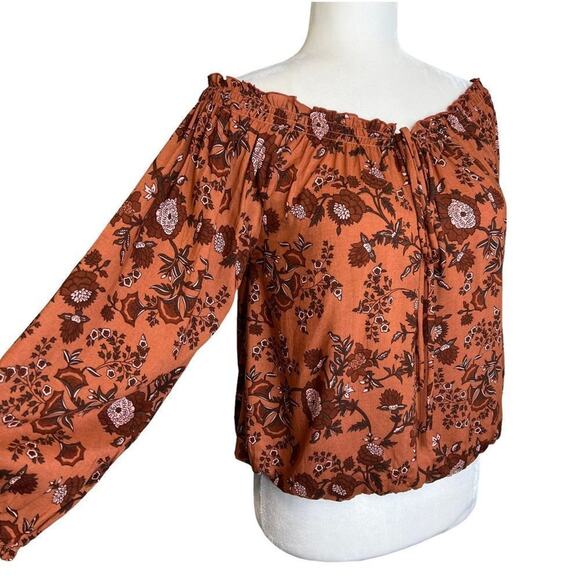 Aura The Label Smocked Off Shoulder Floral Top S Rayon Boho Indie Cottagecore - Picture 3 of 8